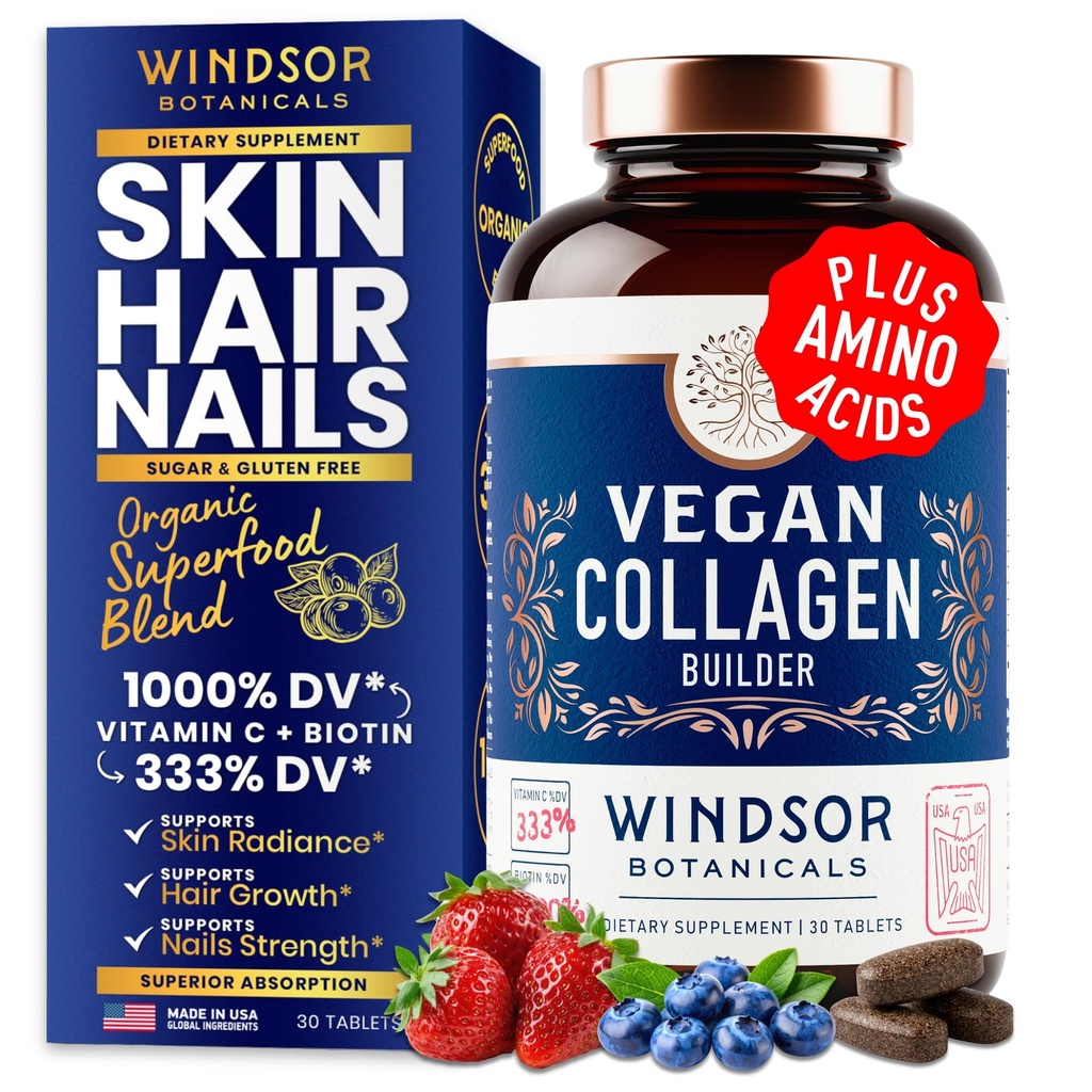 Vegaani Collagen naisten ja miesten lisäravinteet - C-vitamiini, Biotiini, aminohapot Glysiini, Lysiini, Proliini, Organic Fruit & Vihannesjauhe - kerran päivässä - 30 kasvispohjainen Collagen Boost tabletit