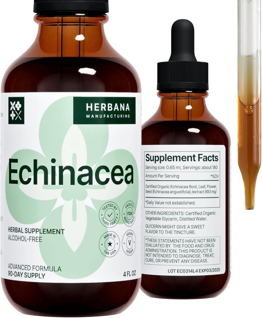Echinacea 4 fl oz Liquid Extract - Organic Root, Leaf, Flower, Seed - Natural Herbal Supplement - Body, Immuno System Tuki Tincture - High Potency Drops - 90 päivän toimitus - Perheen koko