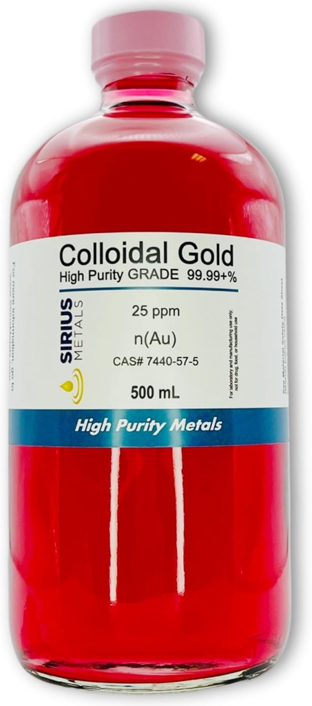 Todellinen kolloidinen kulta 25 ppm - 99,99+% Puhtaus - 500 ml (16,9 Fl Oz) lasipullossa - valmistettu Yhdysvalloissa