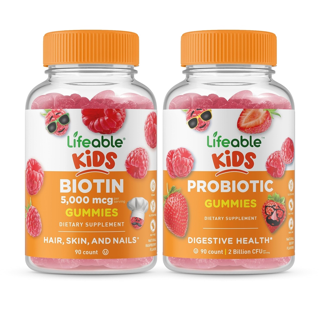 Livliga Biotin Kids + Probiotiska 2 miljarder CFU Kids, Gummies Bundle - Great Tasting, Vitamin Supplement, Gluten Free, GMO Free, Chewable Gummy