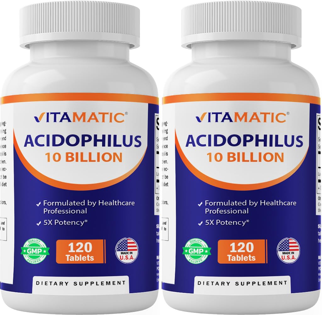 Vitamatic 2 Packs Acidophilus Probiotic - 10 miljarder CFU - 120 tabletter - 5X Potens - Daglig Probiotisk Supplement, Stöder Digestive Health (Total 240 tabletter)