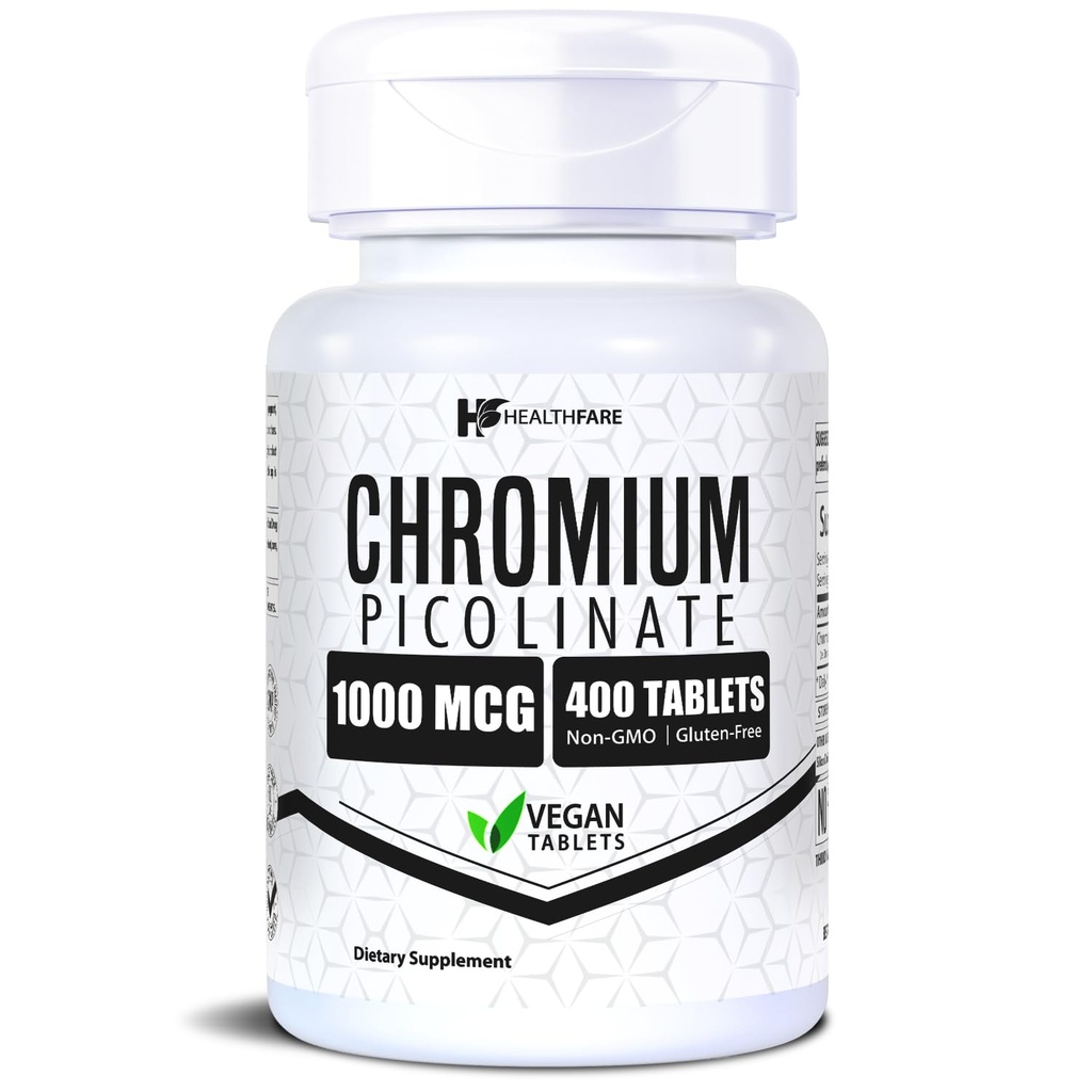 HealthFare Chromium Picolinate 1000mcg | 400 Vegan tabletter | Hög Absorption Mineral Supplement | Stöder Hälsosam Sugar Metabolism & Nutrient Absorption | Non-GMO, Gluten-Free | Made in USA