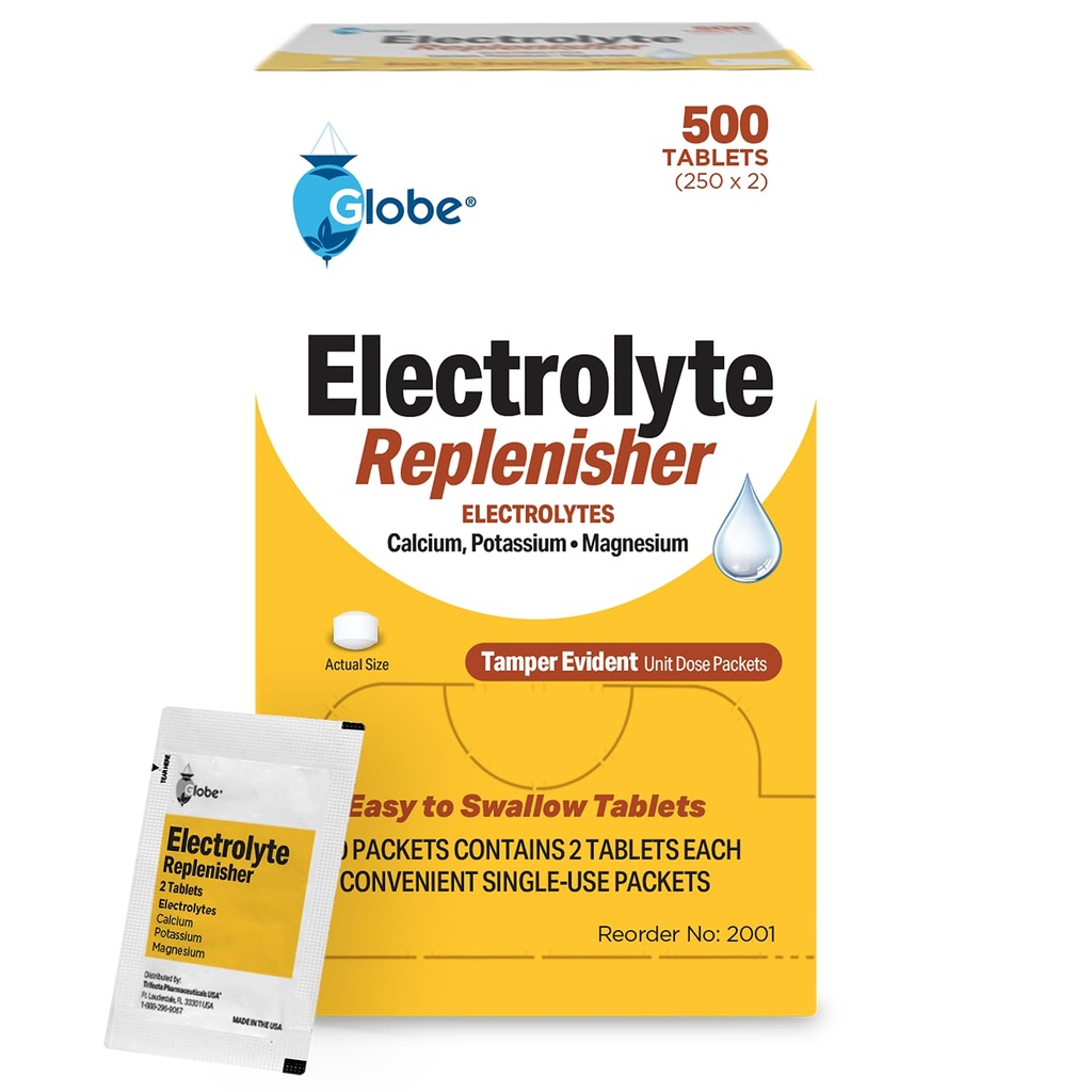 Globe Electrolyte Replacement tabletter för snabb hydrering och träning återhämtning (500 tabletter, 250 paket av 2) för idrottare, vandring och sport, resepaket med viktiga näringsämnen för optimal uthållighet