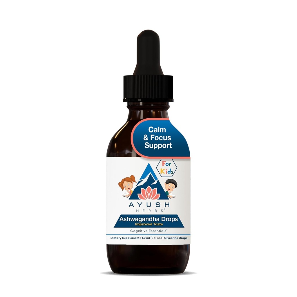 Ayush Yrtit Ashwagandha Drops lapsille ja aikuisille - Alkoholiton Ashwagandha Drops, Calming Daily Supplement for Calm Focus with Organic Ashwagandha, Lemon Flavor - 2 Fl Oz (80 Servings)