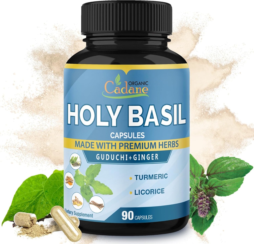 Organic Cadane Holy Basil lisäravinteet kapselit, 5in1 Guduchi, inkivääri, kurkuma, Licorice - Tuki Immuuni - 90 kapselia 3 kuukautta