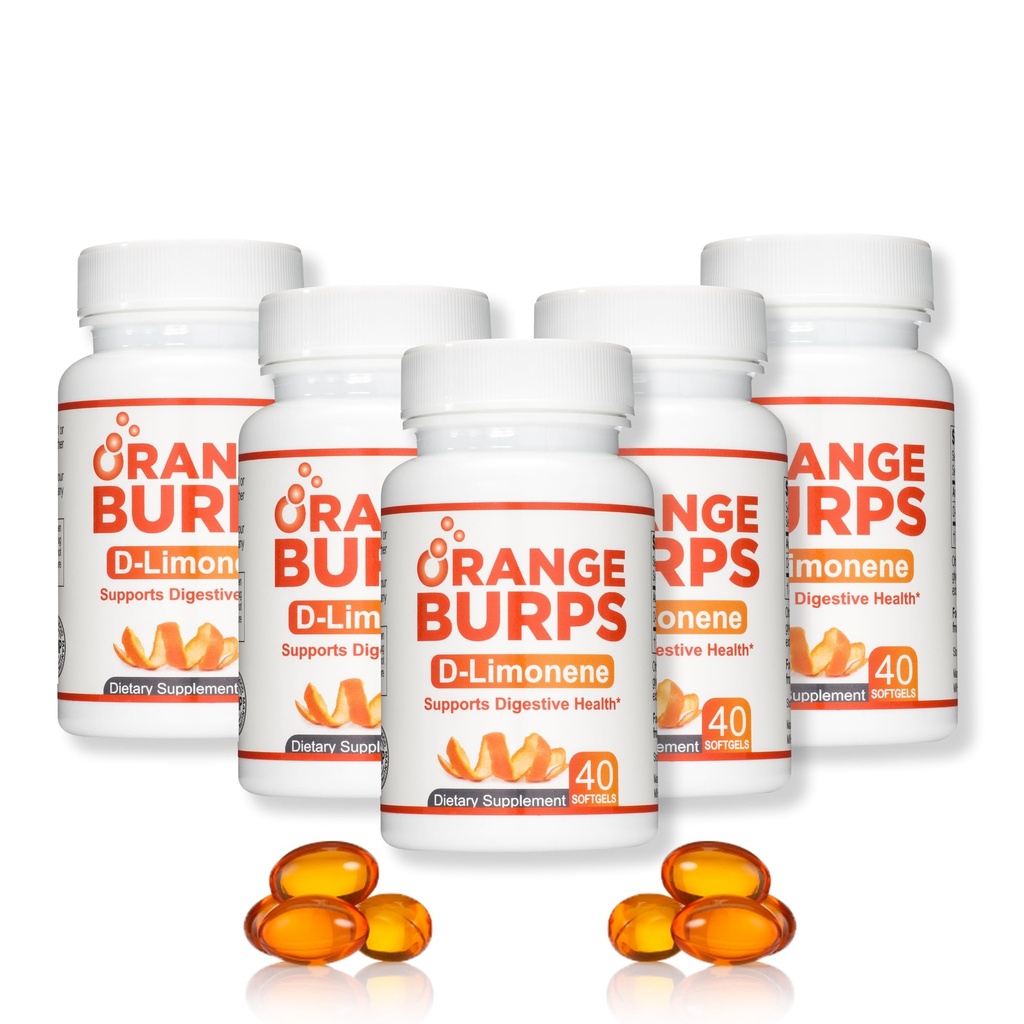 Orange Burps D-Limonen täydennysosa - Acid Reflux-, Heatburn Relief-, GERD Relief- ja ruuansulatushäiriöiden hoitoon tarkoitettu hapon reduktori (1 000 mg:n pakkaus 5)