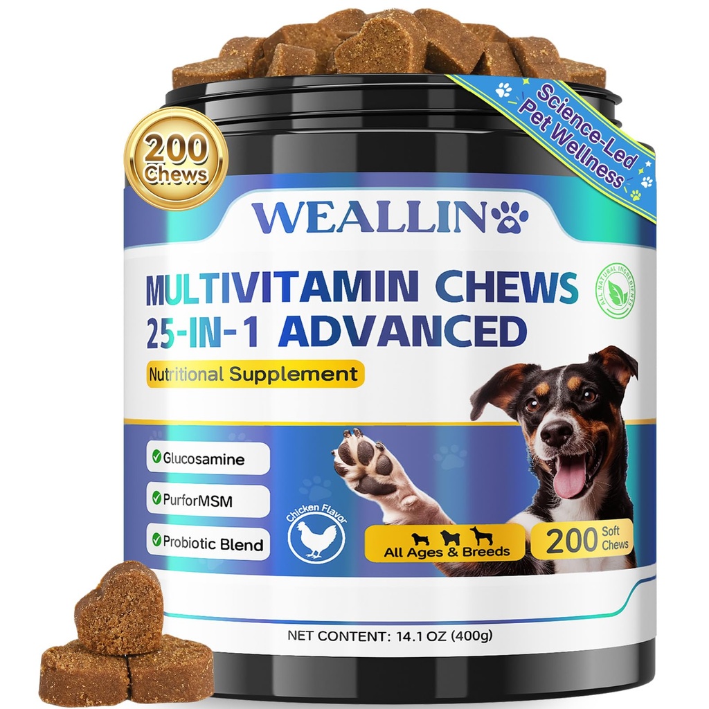 Koiran vitamiinit - 25-in-1 Koiran vitamiinit ja lisäravinteet Multivitamiinia kanssa Glukosamiini Probiootit Omega-3 Pentu Monivitamiini purut turkille, sydän, HIPS & nivelet, Digestio & Immuunijärjestelmä 200kpl