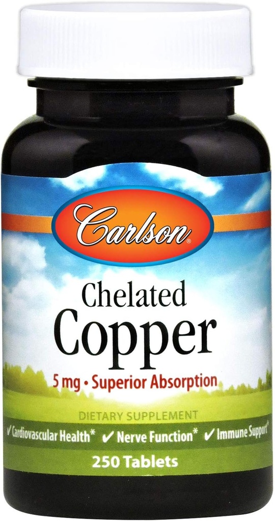 Carlson - Celated Copper, 5 mg, Superior Absorption, Circulation Health, Hermotoiminta & Immunosupport, 250 tablettia