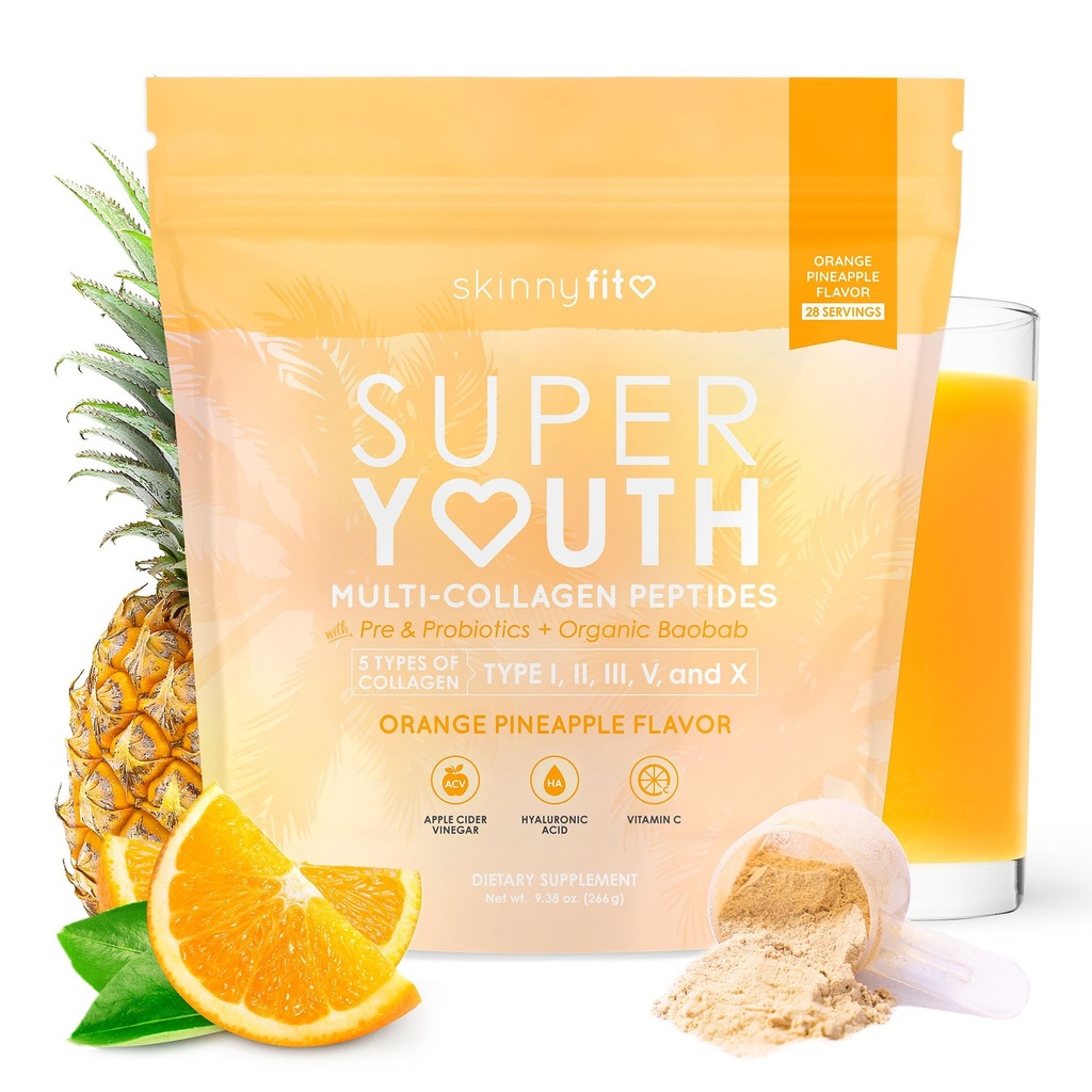 SkinnyFit - Super Youth Collagen naisille - Multi Collagen Peptides Powder - Probiootit, kuitu, Hyaluronic Acid - Non GMO, Gluteeniton, Sokeriton - Kauneus - Orange Ananas (28 Servings)
