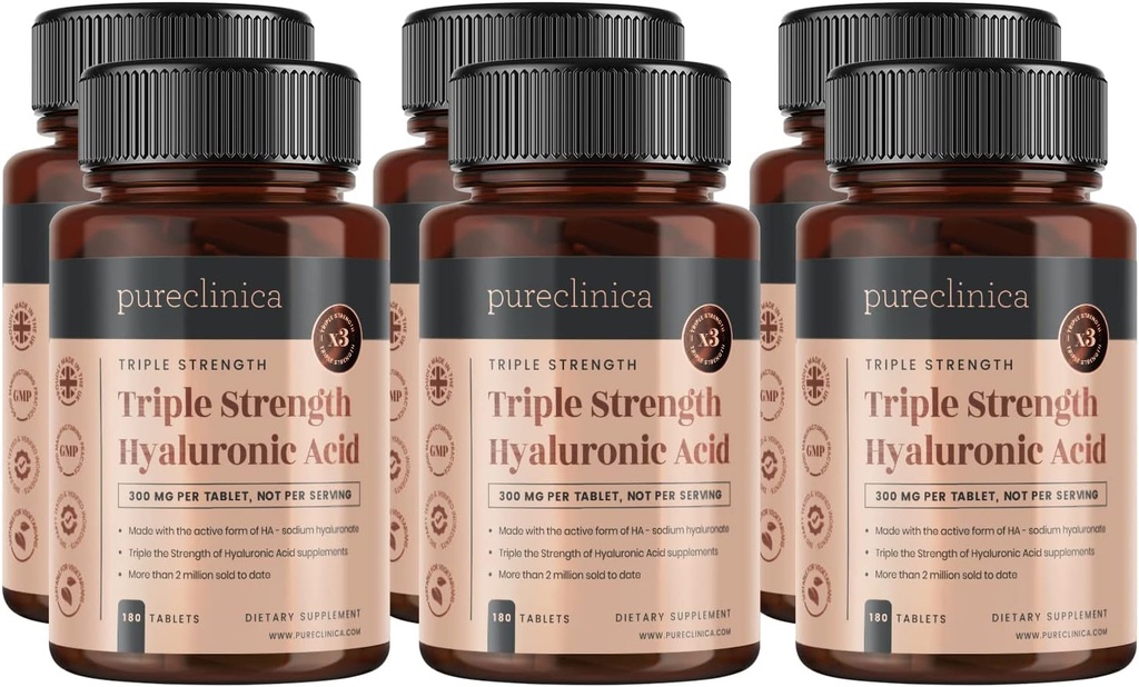 puhdasklinica Hyaluronic Acid 300 mg x 1080 tablettia (6 pullo 180 tablettia - 3 vuotta Supply). Kolmoisvahvuus Hyaluronihappo. 300% vahvempi kuin mikään muu HLA tabletti