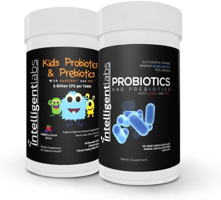 Intelligent Labs 2-in-1 Bundle of Kids Probiootit (6 miljardia PMY Sunfiber ja FOS) + Adult Probiootit (50 miljardia PMY, 10 kanta), Ei jääkaappi tarvitaan, 2 kuukautta toimitus per pullo