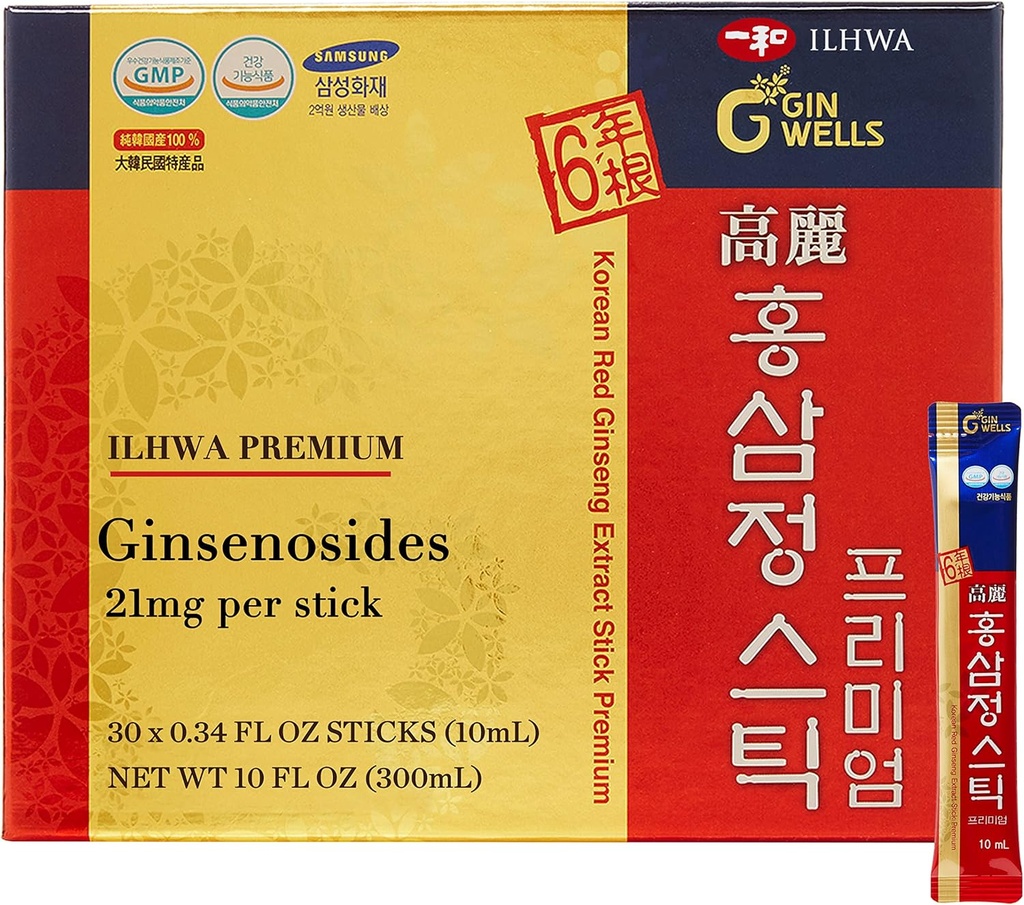 ILHWA Premium Korean Red Ginseng Extract Sticks (0,34fl oz X 30 Sticks) - Immuniteetti. Ginsenosidi 21 mg/annos