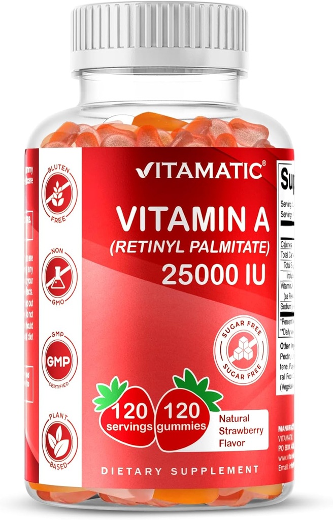 Vitamaattinen sokeriton A-vitamiini 25000 IU Gummies (Retinyl Palmitate) - Luonnollinen mansikka maku - 120 Pektiinipohjainen Gummie (3 pullot)