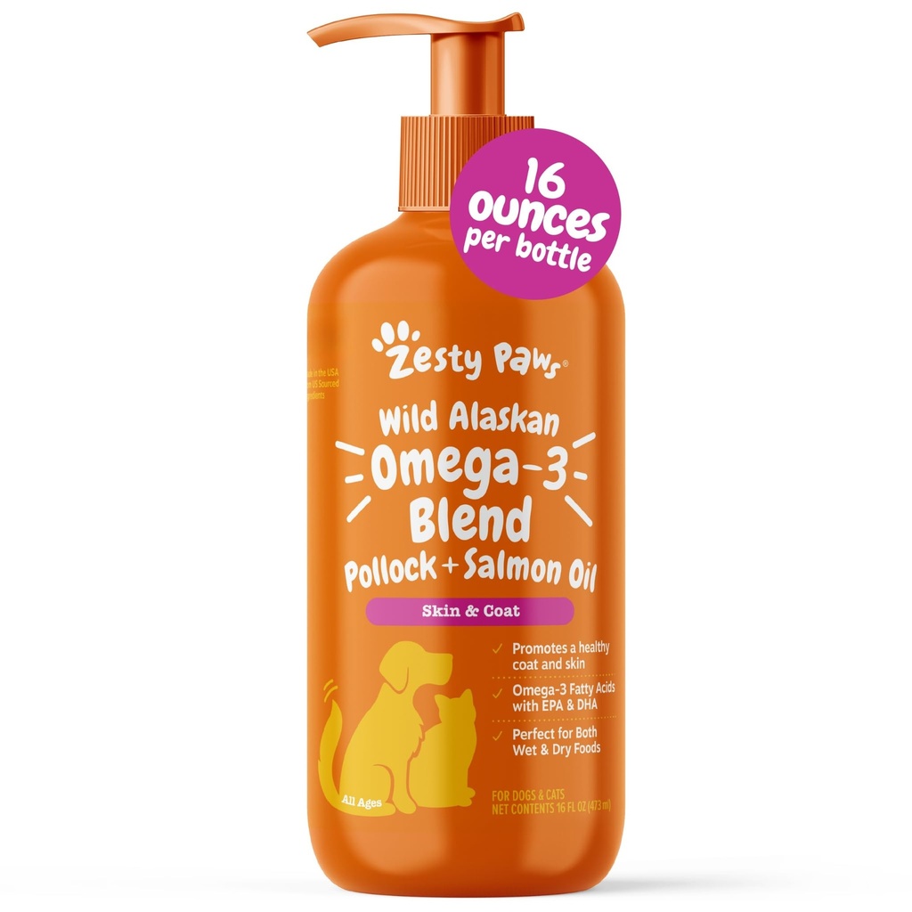 Zesty Tassut Wild Alaskan Omega-3 Blend Pollock + Lohi öljy koirille ja kissat- iho ja takki tuki, Omega 3 täydentää lemmikkieläimet, 16oz