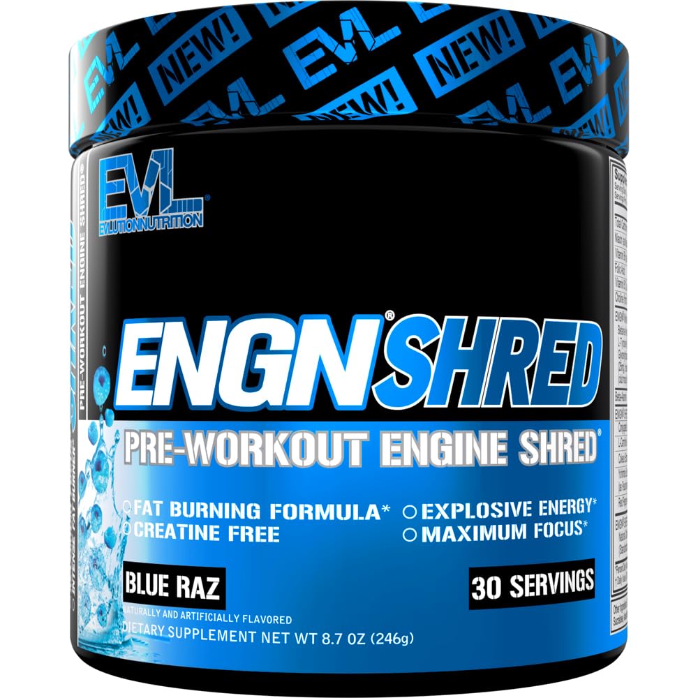 EVL Ultimate Pre Treenout Powder - Thermogenic Fat Burn Support Preworkout Powder Drink for Lasting Energy Focus and Stamina - ENGN Shred Intense Creatiini Free Preworkout Drink Mix - Blue Raz
