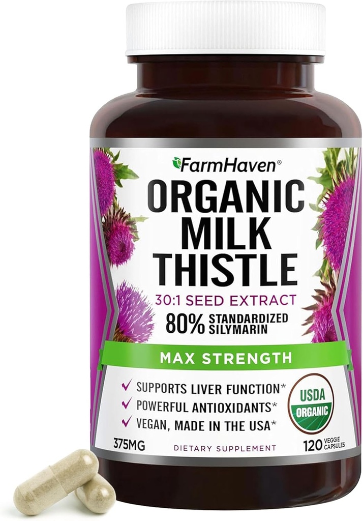 FarmHaven Silymarin Milk Thistle kapselit ... 375 mg vahvuus...30X Voiöljyuute & 80% vakioitu silymarin...