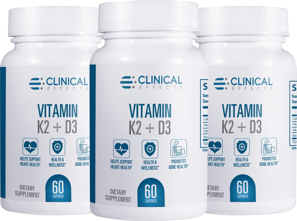 Kliiniset vaikutukset K2-vitamiini + D3 - K2 + D3-vitamiinilisä Bioperine Black Pepper Extract ja kalsium Bone and Heart Health Support - 3 Pack - Max Imeytyminen - Valmistettu Yhdysvalloissa