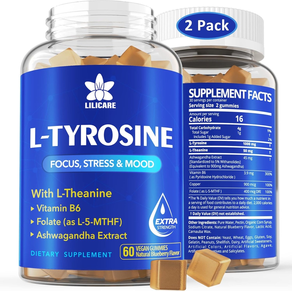 L Tyrosine Gummies 1100mg Mood Support Blend, Ashwagandha, L-Theanine, B-vitamiini B6, Folate(Vitamin B9), Focus & Memory, Kognition & Brain Function, Energy Boost, Stress Support, 2Pc / 120ct