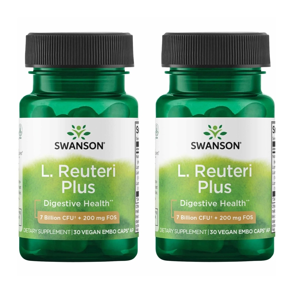 Swanson L. Reuteri Probiootti Plus w/ L. Rhamnosus L. Acidophilus & FOS Prebiootti digestiivinen tuki - edistää Gut Health w/ 7 miljardia PMY per kapseli - (30 kasviskapselia) (2 pakkaus)