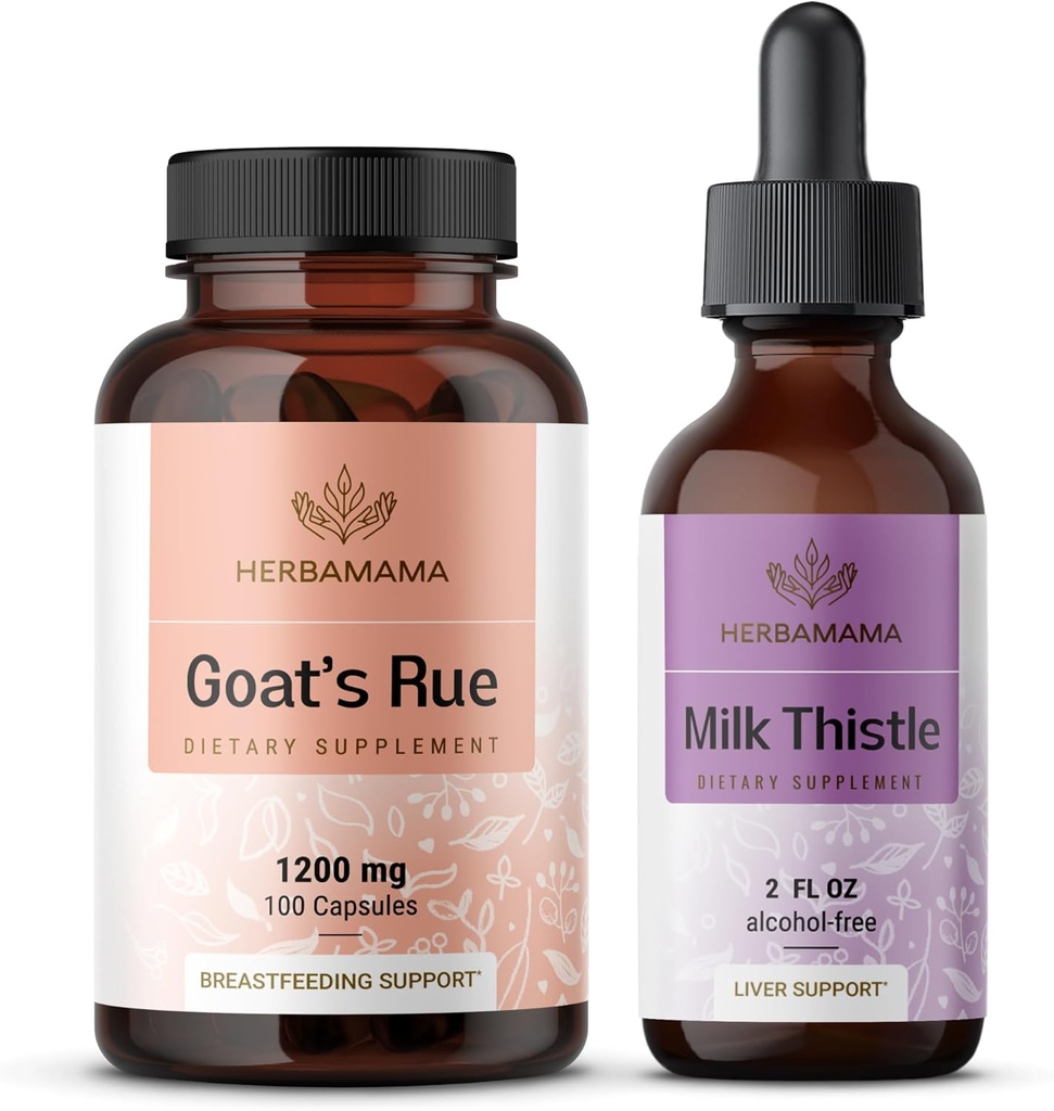 HERBAMAMA Goat's Rue and Milk Thistle Kit - Bundle of 1200 mg Goat's Rue Capsules & Milk Thistle Liver Detox Drops 2 fl oz - Vegaani, ei-GMO, sokeria & alkoholiton - 2 pakkaus
