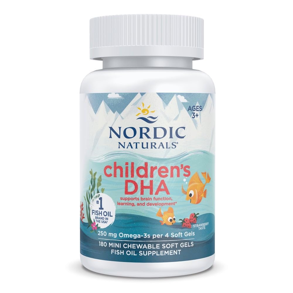 Nordic Naturals Children's DHA, Strawberry - 180 Mini Chewable Soft Gels för barn - 250 mg Omega-3 med EPA & DHA - Brain Development & Function - Non-GMO - 45 portioner