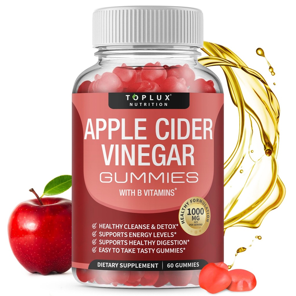 Toplux Apple Siideri Viinietikka Gummies - 1000 mg ACV B12, Beet Root, Granaattiomena immuunijärjestelmä, Detox & Cleanse, Gummy Vaihtoehto Apple Siideri Viinietikka kapselit, miesten naisten, 60 Gummies