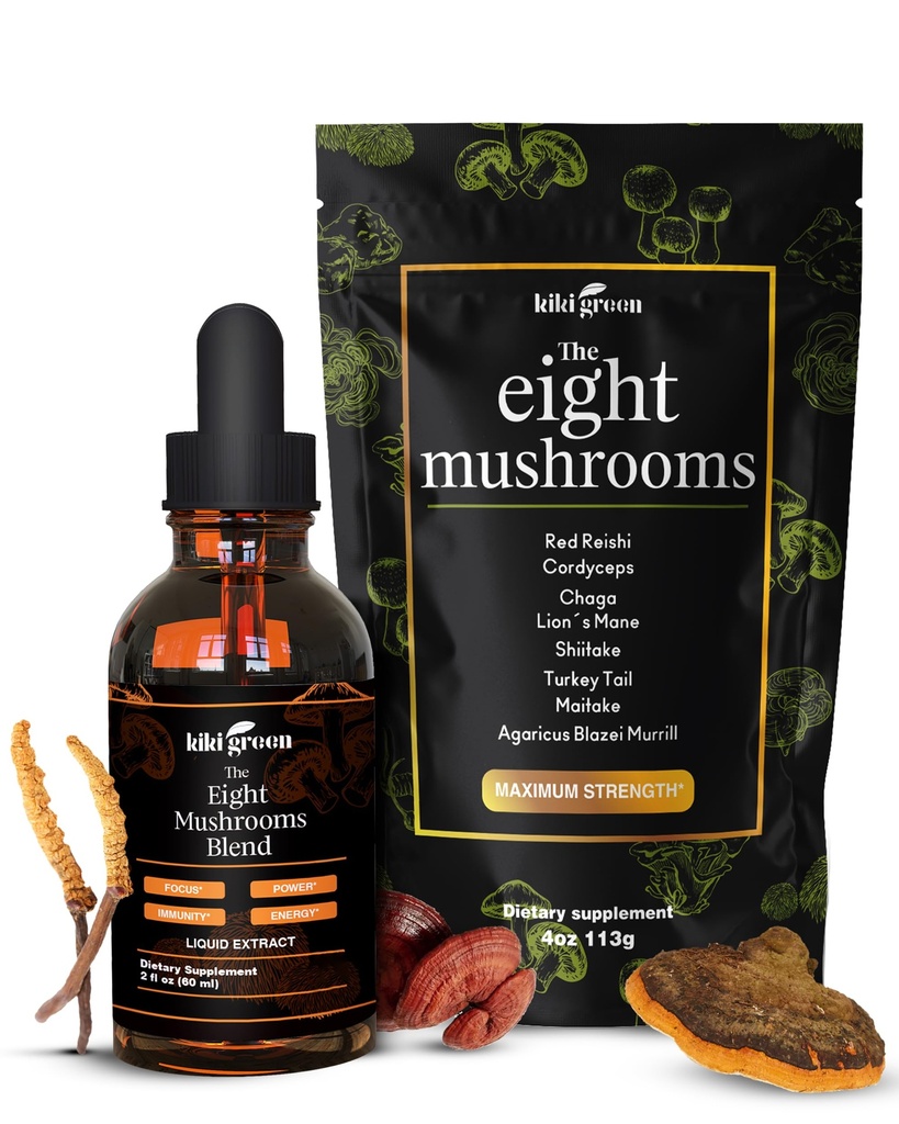 KIKI Green 8 Sienet Powder & Liquid Extract Bundle - Sieni täydentää Complex Focus & Energy - Leijonan Mane, Chaga, Cordyceps, Turkey Tail, Reishi, Shiitake, Maitake - 4 oz, 2 fl oz