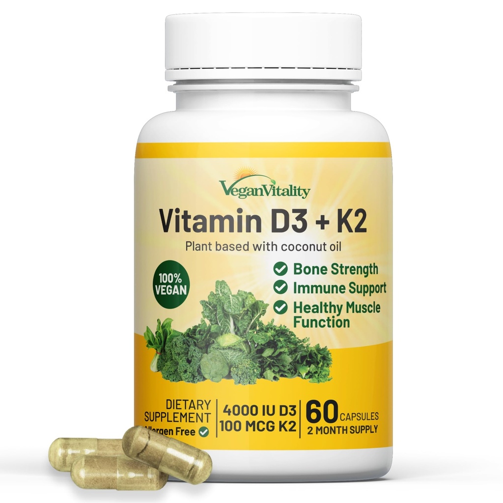 Vegan Vitality Vitamin D3 K2 4000IU (100mcg) med Coconut Oil, 100% Plant Based Vegan Vitamin D för Vegan och Vegetarian - 60 kapslar