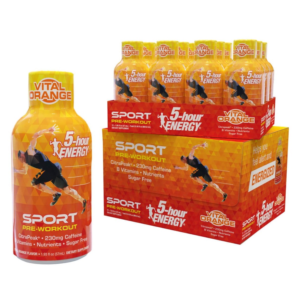 5-tuntinen energia Extra Strength Sport Shots with Citrapeak, Vital Orange Flavor, Pre-Workout, 24 Count (1,93 fl oz)
