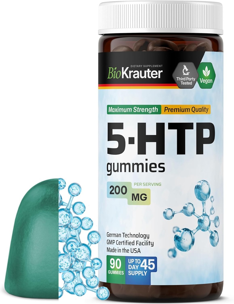 BIO KRAUTER 5 HTP täydentää Gummies - 200 mg vahvuus - 90 Vegan Chews - rentoutus Tuki 5HTP Plus L Tryptophan täydentää - Pektiini perustuu Formula