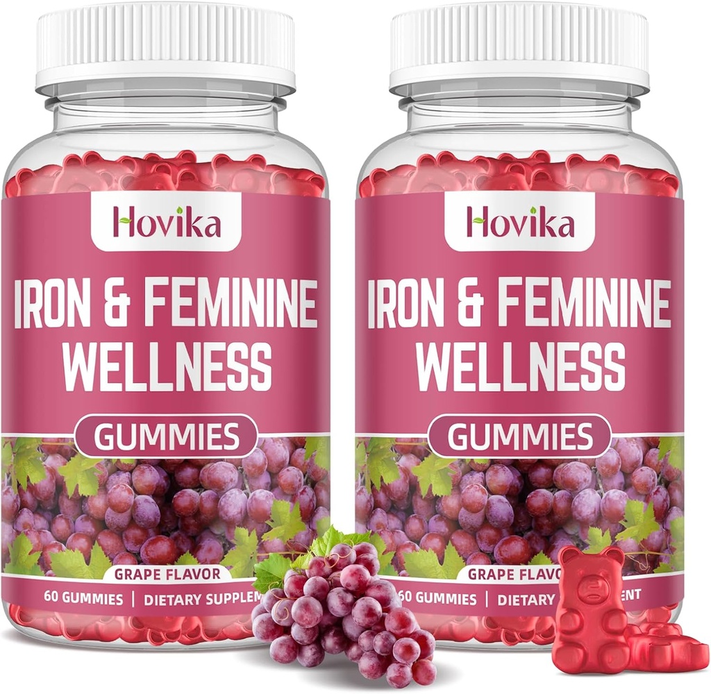 Silitysrauta naisille Gummies, 40mg Rauta Supplement Anemia monivitamiini naisille, Sinkki, Seleeni, Jodi - rautapuutos - Luonnollinen hormoni tuki PMS, Rypäleen maku, 2 pakkaus