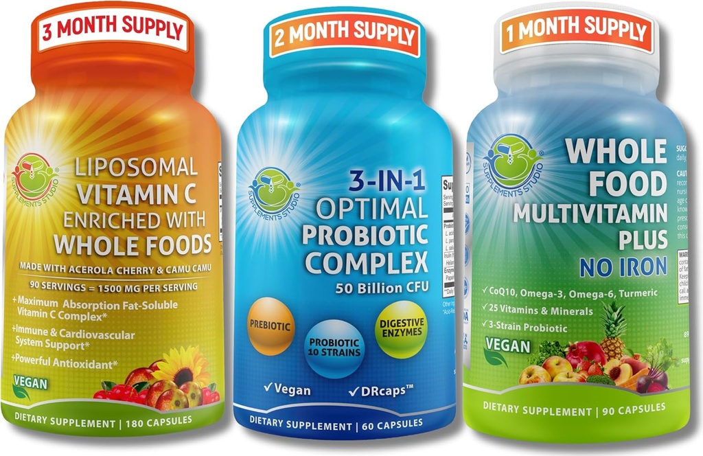 Gut Health, Immuniteetti, energia- ja ravinnetuki ... 3-in-1 Probiootti, jossa on digestiivisia entsyymejä + liposomaalinen C 1500 mg + koko ruoka, monivitamiini ilman rautaa...