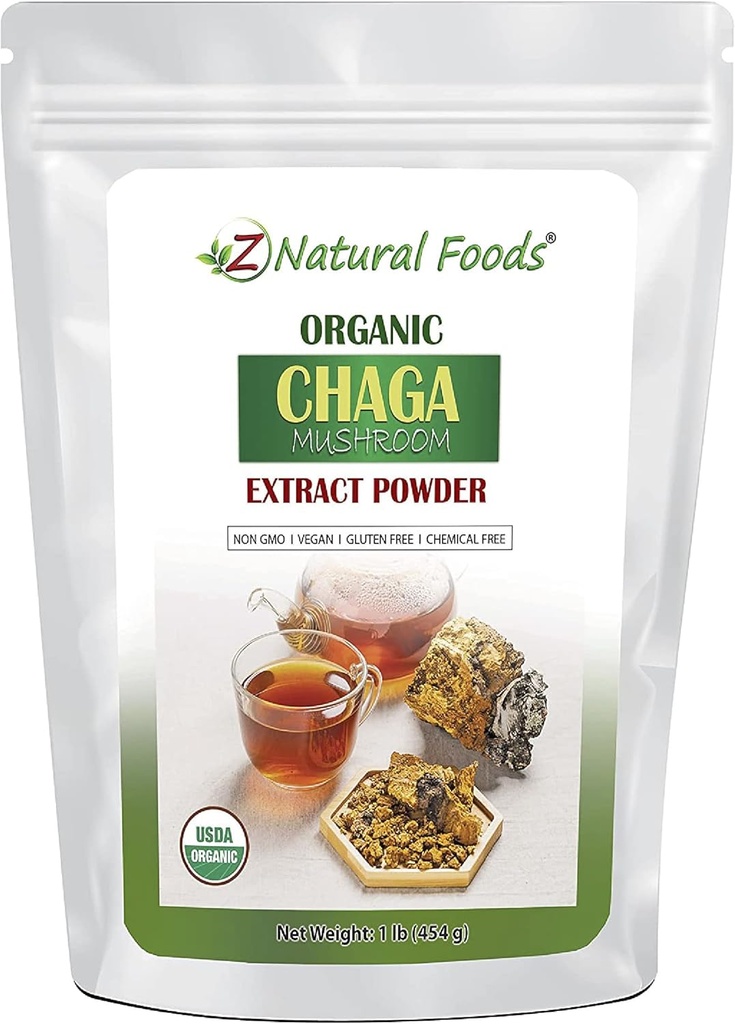 Z Natural Foods Organic Chaga Mushroom Extract Powder, koncentrerad Premium Mushroom Extract för att stödja immun hälsa, öka din morgon genom att lägga till den till kaffe och te, 1 lb