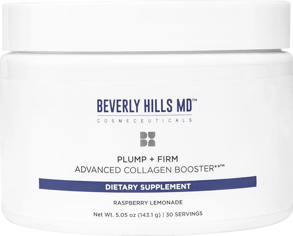 Beverly Hills MD Plump + Firm Advanced Collagen Booster for Aging Skin-Nutrient Powder Drink Mix Formula for Plumper, Firmer, Skin w/Collagen Peptides, Polyfenolit, Ceramidit (vadelma sitruunaa)