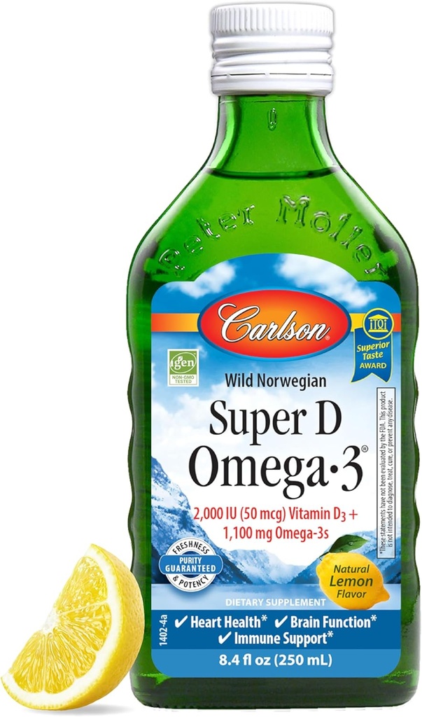 Carlson - Super D Omega-3, Wild-Caught Norwegian Arctic Cod Liver Oil, 2000 IE (50 mcg) Vitamin D3, 1100 mg Omega-3s, Hållbart Sourced Nordic Fish Oil Liquid, Lemon, 250 ml