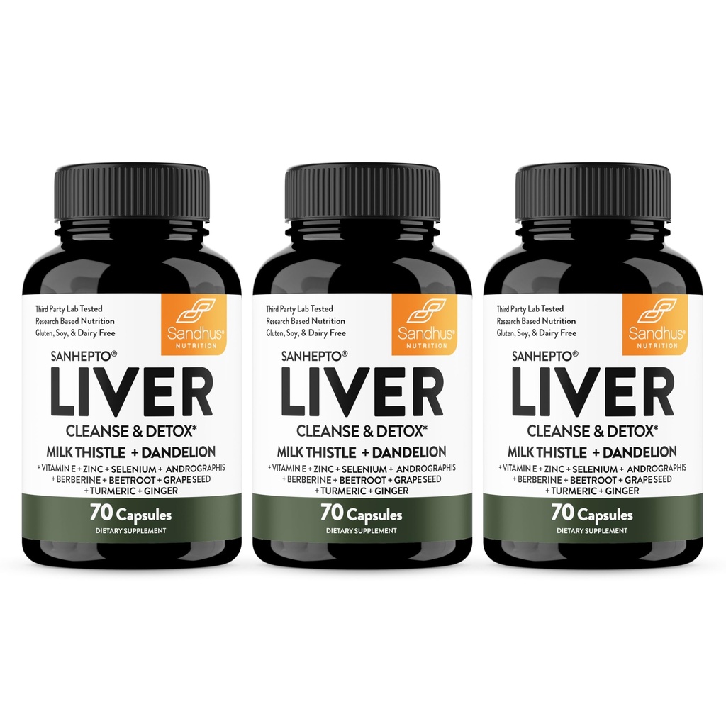 Sandhu's Liver Cleanse Detox & Repair Support | 70 kapslar (Pack of 3) | Herbal Supplement for Liver Health | Milk Thistle Dandelion Root Andrographis med 8 Minerals