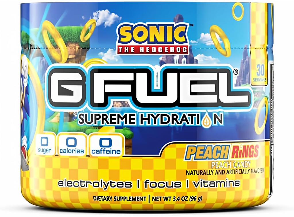 G Fuel Sonics Peach Rings Supreme Hydration, Electrolyte Powder Mix för energi och fokus, socker och koffeinfri tillägg med viktiga vitaminer och mineraler, Peach Rings smak, 3,4 oz - 30 portioner
