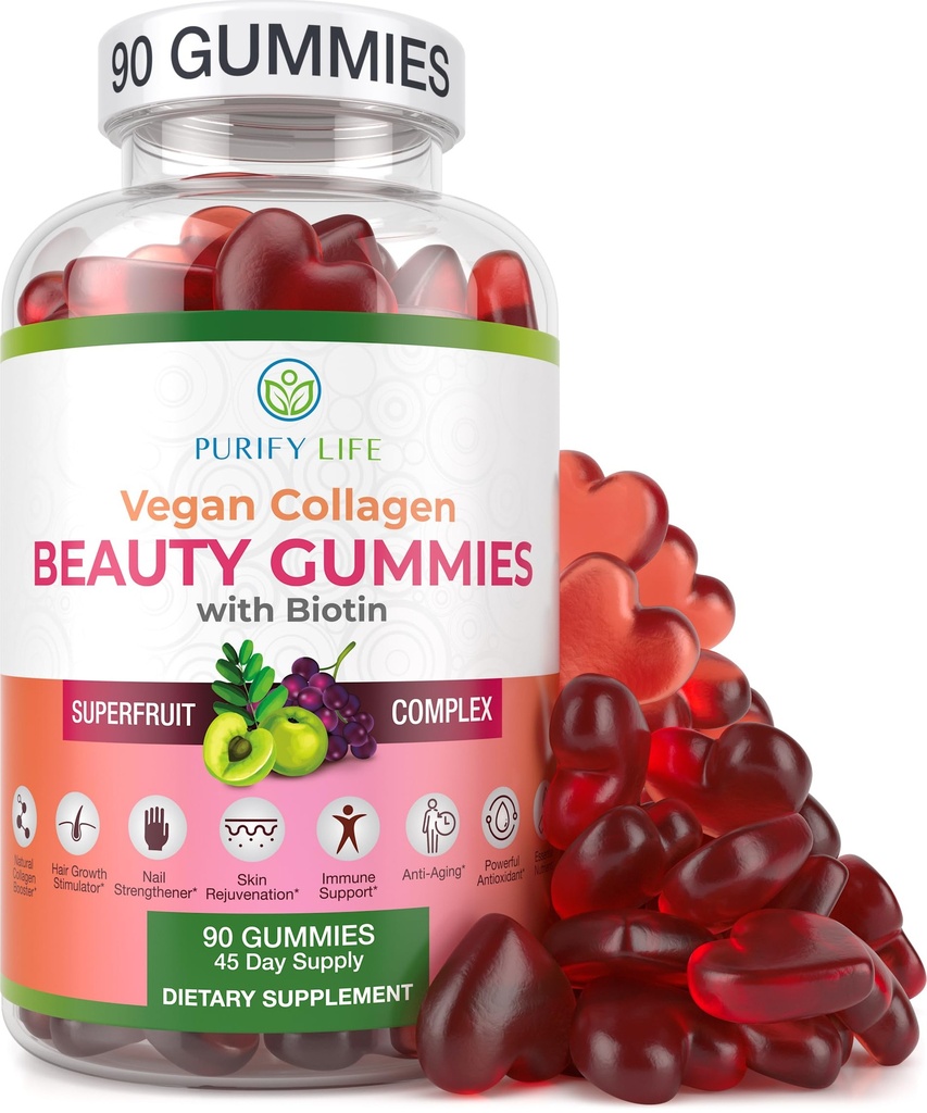 Puhdista Life Vegan Collagen Gummies kanssa Biotiini vitamiineja hiukset iho ja kynnet terveys, (90 Chews) Kollageeni tuki Superhedelmä Complex Resveratrol, A-vitamiini, E-vitamiini, C - Korvaa kapselit, pillereitä