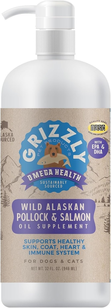 Grizzly Pet Tuotteet Omega Health Liquid Omega-3 täydennysosa koirille ja kissoille, 32 Ounce pullo