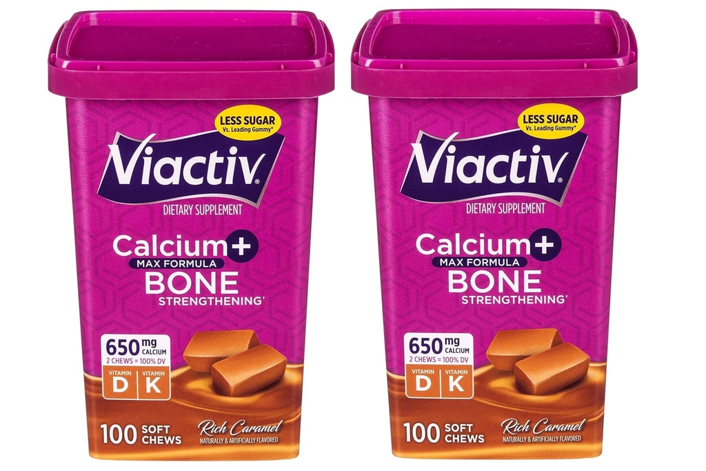 Viactiv Max Formula Calcium +Vitamin D3 Supplement för Benhälsa, Rich Caramel, 100 Mjuka Chews - 2 Pack