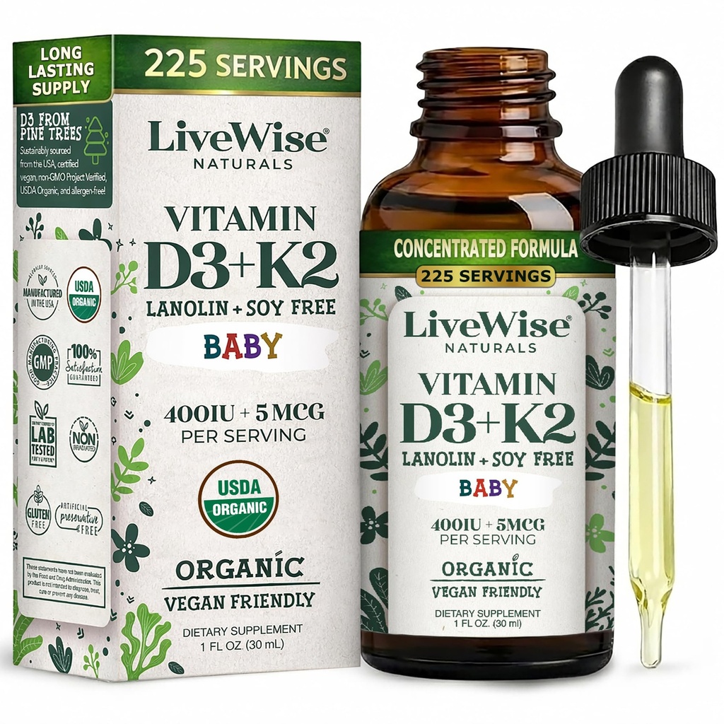 LiveWise Naturals Vauvan D3-K2-vitamiinin nestemäinen lisäosa, vitamiini tipat pikkulapsille ja pikkulapsille, tervettä kasvua, kehitystä ja päivittäistä hyvinvointia, helppo käyttää Dropper lasipullo, 1 Fl Oz