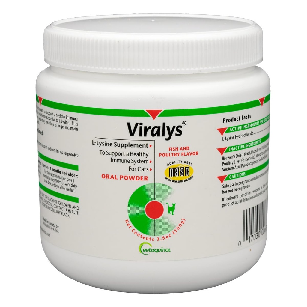 Vetoquinol Viralys Daily L-Lysine Powder for Cats and Kittens, Fish Flavored Lysine Supplement for Kissat ja kissat tukemaan immuuniterveyttä, normaali silmän toiminta ja hengitysteiden terveys, 100gm