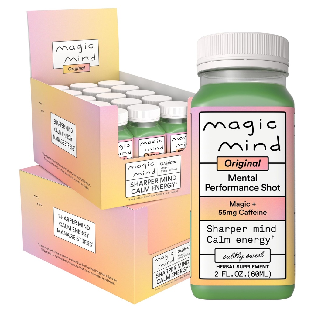 Magic Mind Focus Energy Drink Shots - Ei Jitters, Stressi relieveing, Ashwagandha, Toiminnalliset sienet, Matcha vihreä tee, B12-vitamiini, C-vitamiini - 2 FL Oz (30 Pack)