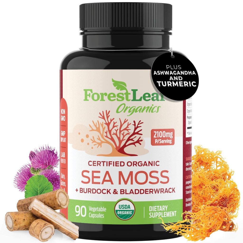 ForestLeaf Organic Irish Sea Moss Capsules | 2100mg Raw Seamoss Pills Advanced Supplement Superfood + Burdock, Bladderwrack för Digestive, Respiratory, Immune Health | 90 Veganic Sea Moss Caps