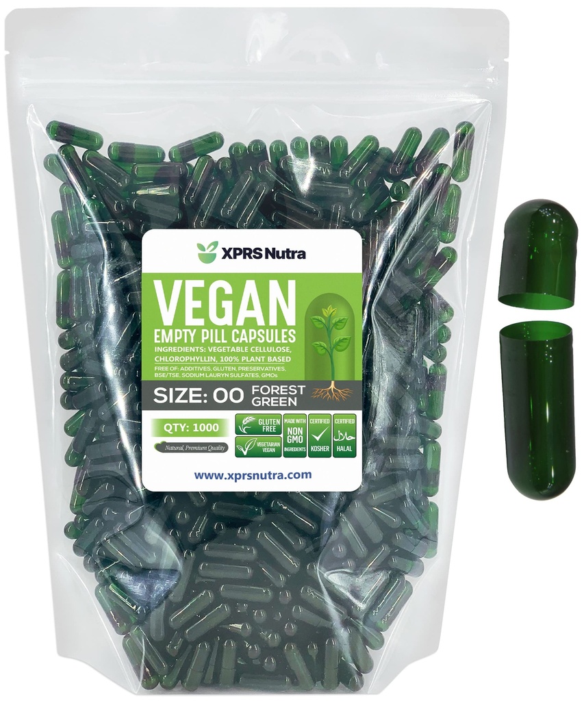 XPRS Nutra Koko 00 Tyhjät kapselit - 1000 Kreivi Tyhjät vegaaniset kapselit - Kasvissyöjä Tyhjät pillerit - DIY Vihanneskapseli Täyttö - Kasvispilleri Caps (Forest Green)