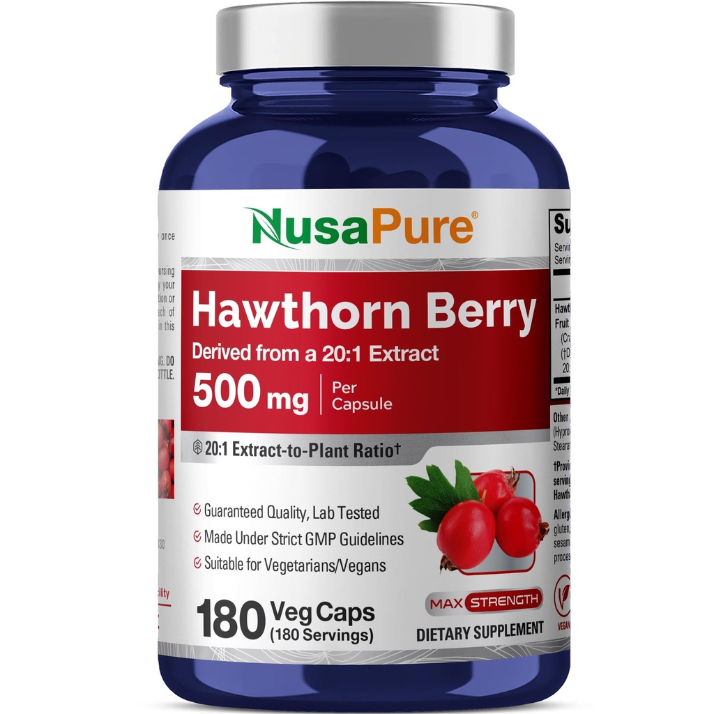 NusaPure Hawthorn Berry 20:1 Extract, 500 mg Ekvivalentti 10 000 mg 180 Veg Caps, sopii vegetaareille, vegaanille, non-GMO-ruokavaliovalmisteelle