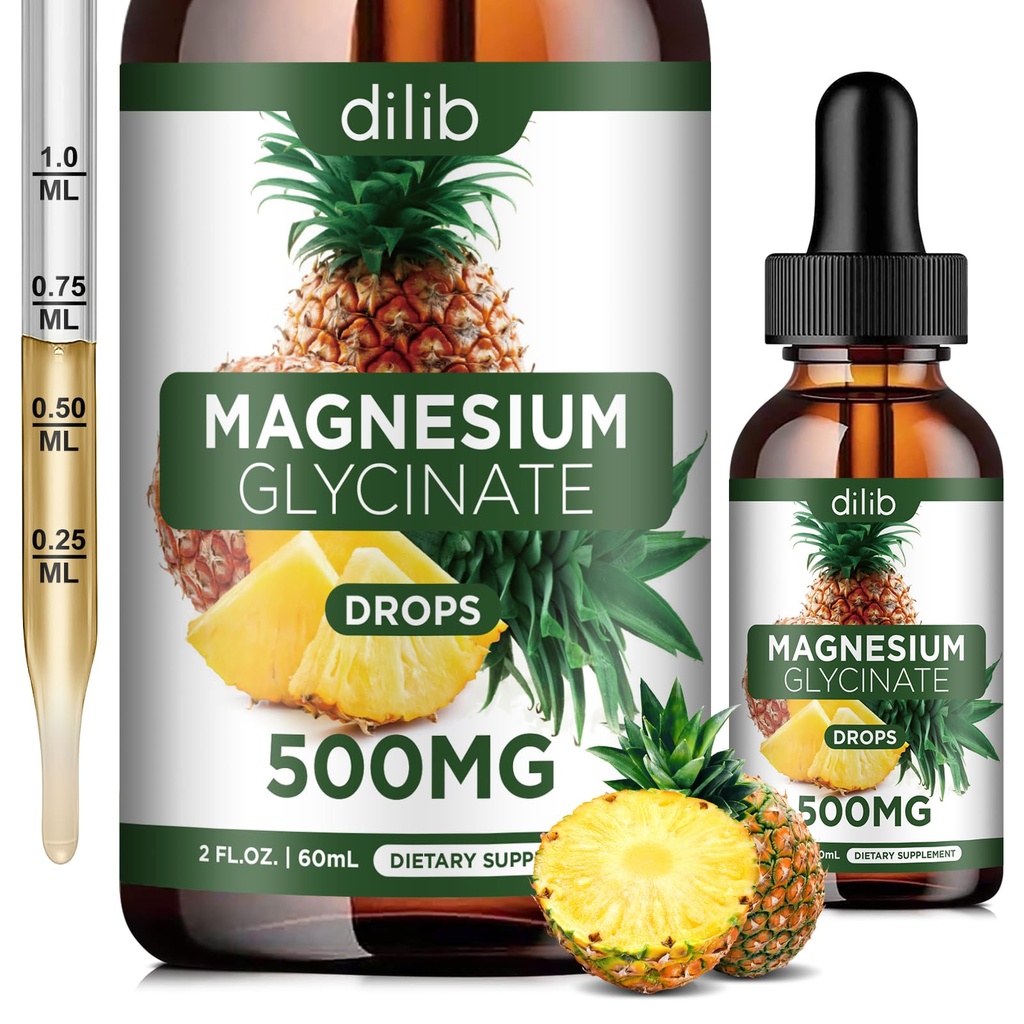 Magnesium Glycinate Supplement, Liquid Magnesium Glycinate Liquid Drops 500 mg-Support Stressi helpotus, rentoutuminen, mieliala, uni, luu & lihas-2 Fl Oz, Vegan, Ananas Flavor