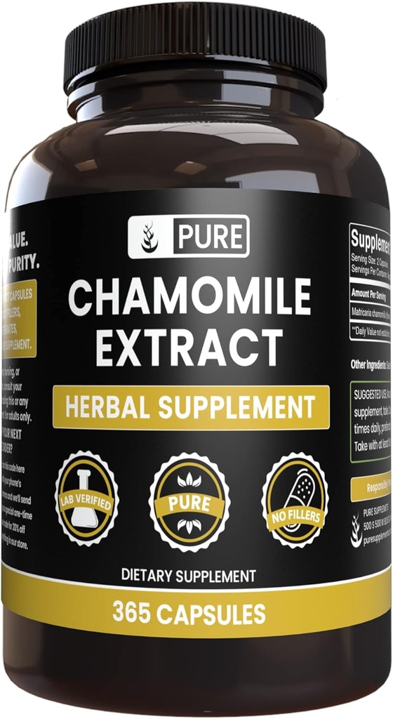 PURE ORIGINAL INGREDIENTS Chamomile Extract (365 kapslar) No Magnesium eller Rice Fillers, Always Pure, Lab Verified