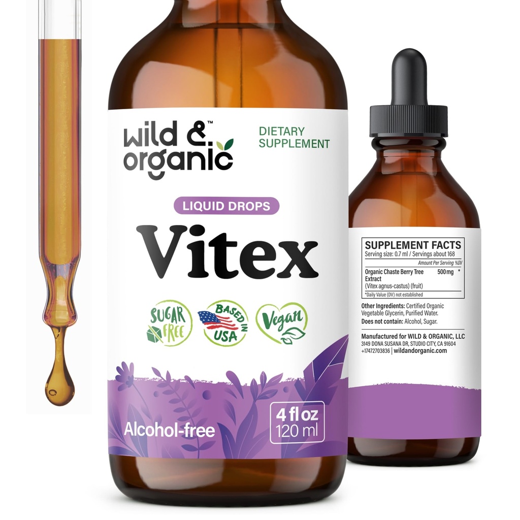 Wild & Organic Vitex Tincture - Vitex Chasteberry Supplement for Women - Liquid Chaste Tree Berry Extract for Good Mood - Vegaani, sokeri & alkoholiton Herb Drops - 4 fl oz