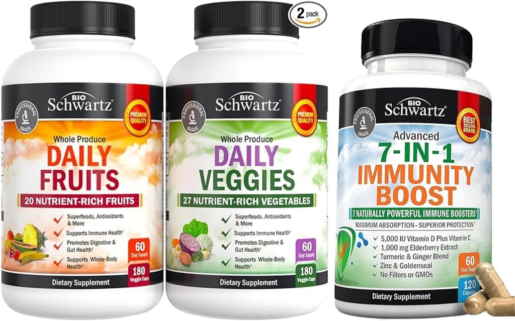 BioSchwartz Päivittäiset hedelmät ja kasvikset Supplement naisten ja miesten (2 kuukauden tarjonta) Plus 7 in 1 Immuuni tuki täydentää antioksidantteja (2 kuukauden tarjonta)